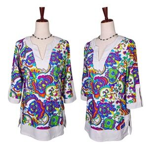 Jude Connally Blouse Size M Paisley 70s Maximalist Psychedelic Tunic Bell Sleeve